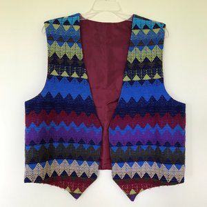 Vintage Bargello Chevron Stripe Vest Textured Colorful Embroidery Open Front